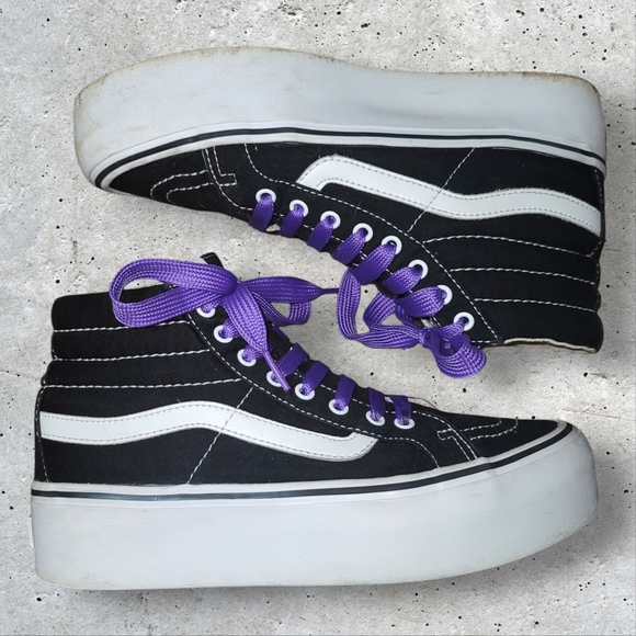 Vans Shoes - Black and White High-Top Sneakers with Purple Laces